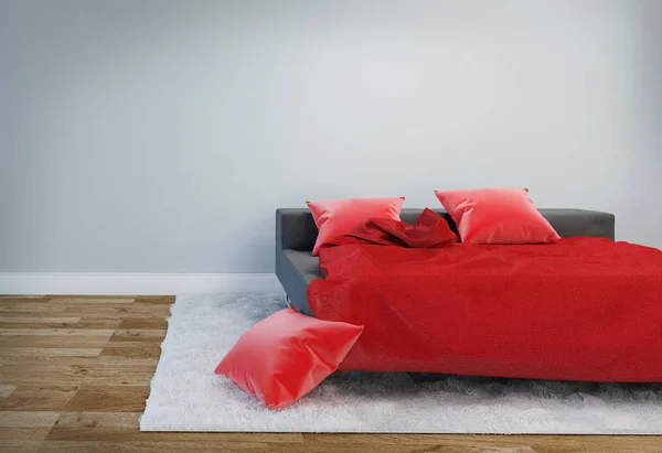Soveværelse Interiør med sort seng og rød pude med tæppe, whi - Stock-foto