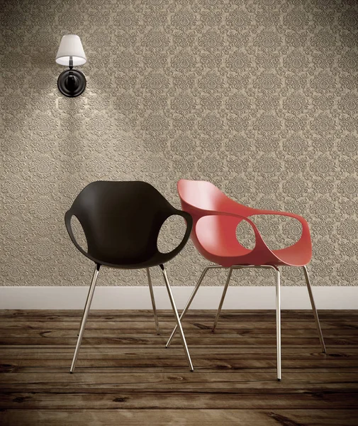 Living room with two chairs black and red with vintage wall.3D r Stock Picture