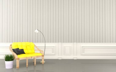 Kanepe yastıklar lamba ve beyaz oturma odası boş bitkiler. 3d rend