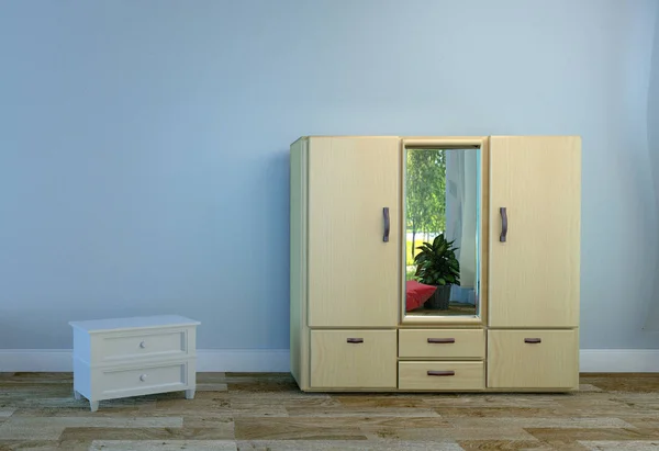 Room Interior with wooden wardrobe, wooden floor light blue wall