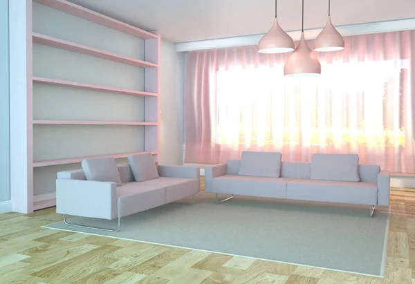 Living Room Interior with sofa and carpet, pink style, wooden fl — Stock Photo, Image