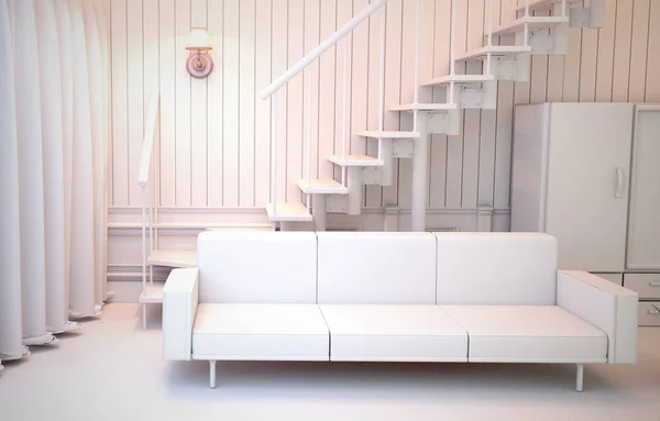 White Room Interior - White style, have sofa lamp staircase and