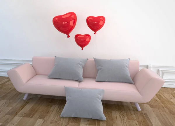 현대 거실 디자인 - 분홍색 소파, 베개와 풍선, 나무 — 스톡 사진