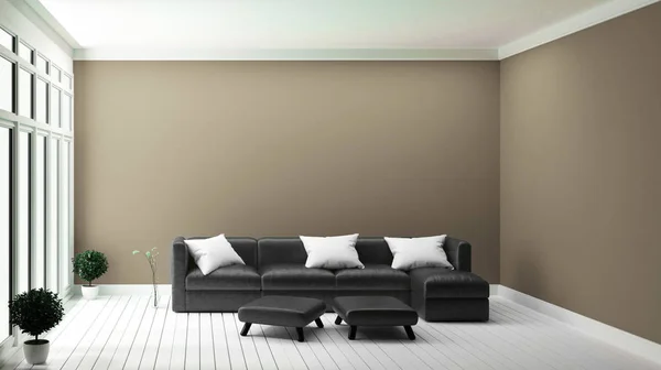 Conceito de design sofá preto na parede marrom interior moderno .3d rend — Fotografia de Stock