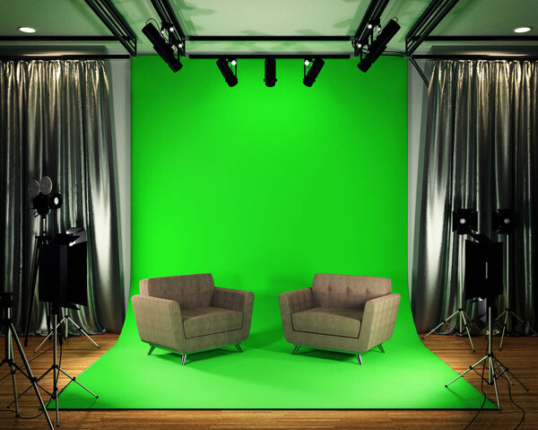 Studio BIg - современная киностудия с зеленым экраном. 3D рендеринг
