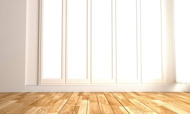 beyaz oda iç parke ahşap zemin. 3d render