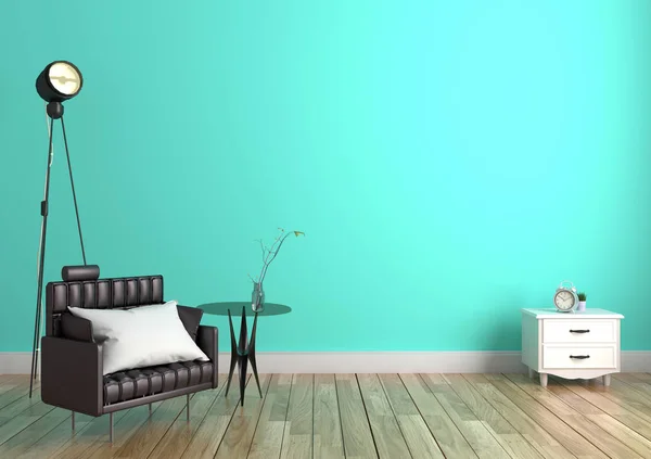 Пустая зеленая мятная стена и деревянный пол - современная комната с подушкой — стоковое фото