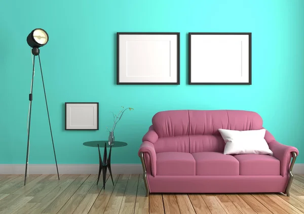 Grüne Mint-Wand mit Sofa & Sideboard auf Holzboden Interieur. 3d — Stockfoto