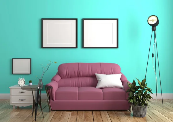 Grüne Mint-Wand mit Sofa & Sideboard auf Holzboden Interieur. 3d — Stockfoto