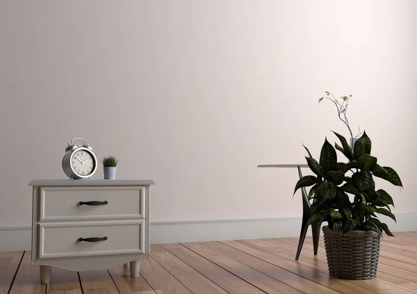 빈 흰색 벽 backgr에 나무 바닥에 테이블에 식물과 꽃병 — 스톡 사진
