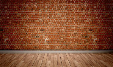 Boş - Ahşap zemin üzerinde tuğla duvar arka plan. 3d render