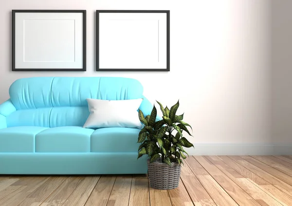 Living Room Interior with white pillow on blue sofa and two fram — Stock Photo, Image