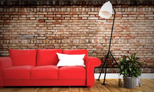 Rotes Sofa und Kissen mit Ziegelsteinwand Hintergrund auf hölzernem — Stockfoto