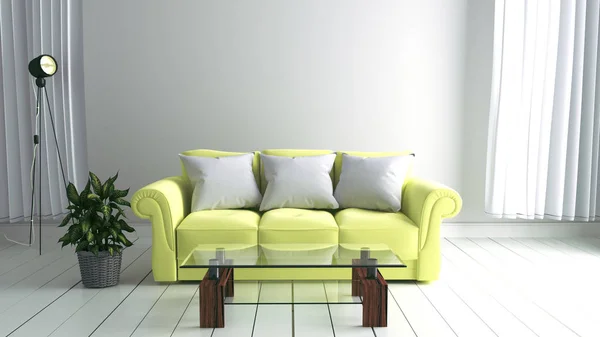 White room interior with Yellow sofa ,lamp and plants on empty w