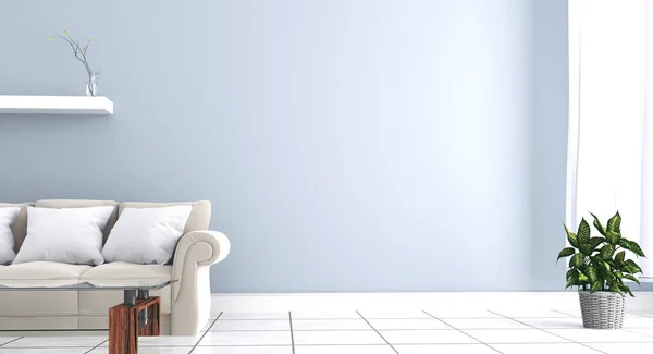 Interior tem um sofá cinza e lâmpada no fundo da parede branca vazia — Fotografia de Stock