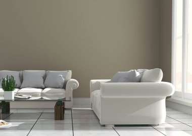 Masa ve vazo ile duvar sofas - modern oda. 3d render