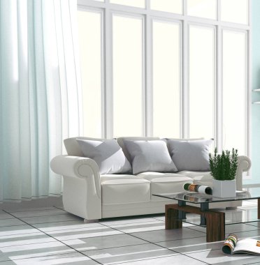 Kanepe ile oturma odası yastık, lamba, kitap ve vazvaz fl var