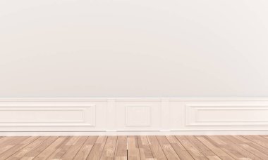 Beyaz duvarlar ve ahşap parke zemin ile boş beyaz oda. 3d r