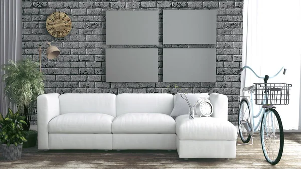 Brick wall empty room interior with loft style. 3D rendering