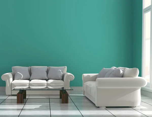 Parete color menta con divano e credenza su pavimento in ceramica. Re 3D — Foto Stock