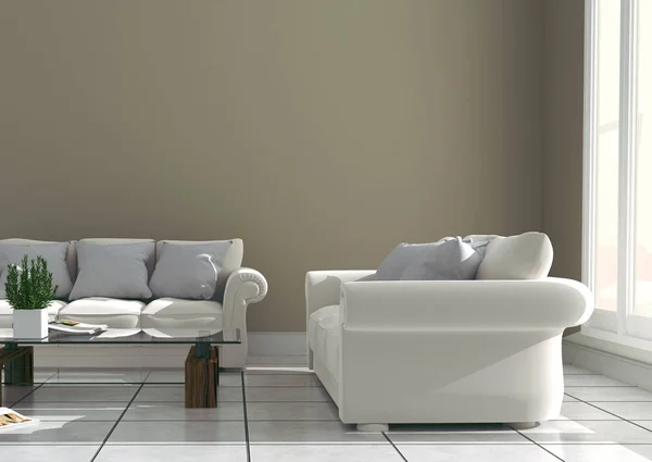 Sofás a parede com mesa e vaso - quarto moderno. Renderização 3D — Fotografia de Stock