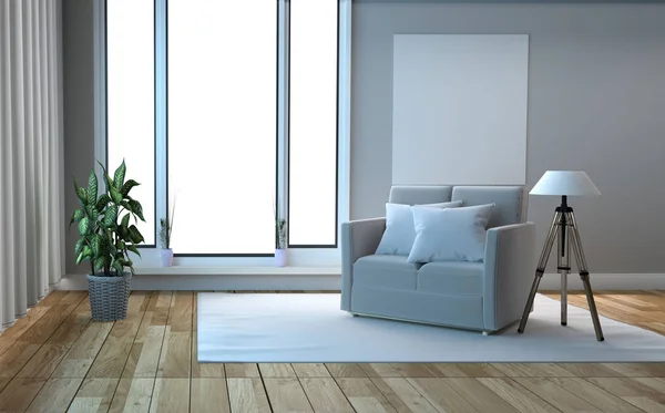 Sala de estar con sofá tienen almohadas, lámpara con flores en blanco w — Foto de Stock