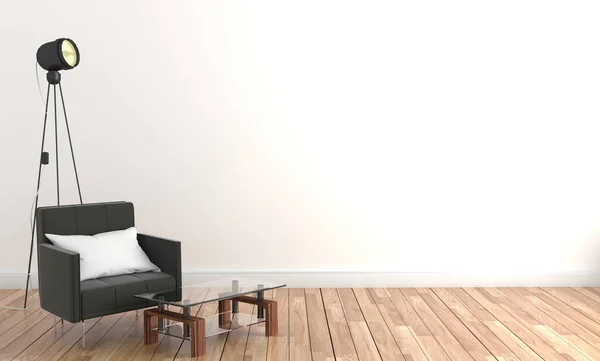 空の白い壁の背部の木製の床のフレームおよびソファおよびランプ — ストック写真