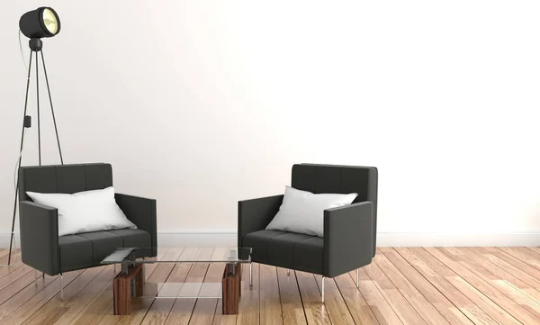 Living room two chairs and table glass. On the wall empty. 3D re — Stock Photo, Image