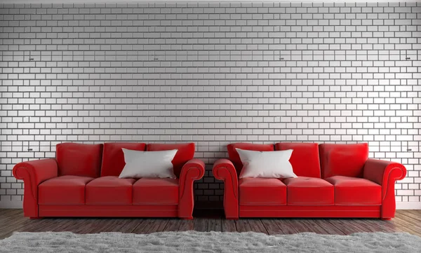 Czerwone sofy i poduszki, dywan, drewniana podłoga na pustej ścianie ceglanej — Zdjęcie stockowe
