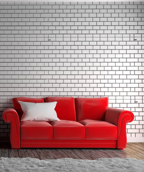 Rotes Sofa und Kopfkissen, Teppich, Holzboden an leerer Ziegelwand. — Stockfoto