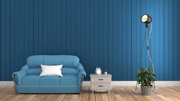 Interior moderno da sala de estar e sofá macio na parede azul, 3D ren — Fotografia de Stock