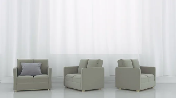 Innenraum und drei Sofas auf leerem weißen Wandhintergrund. 3d — Stockfoto