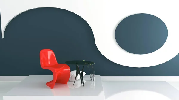 Obývací pokoj s červeným křesílkou a vákou na tmavomodré a bílé wě — Stock fotografie