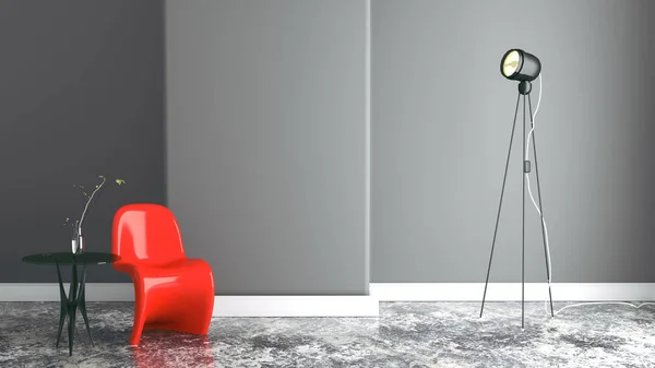 Tomt rum med röd stol och lampa, mörk vägg. 3D-rendering — Stockfoto
