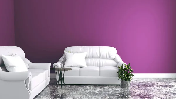 Sofas im Wohnzimmer, rosa Wände. 3D-Darstellung — Stockfoto