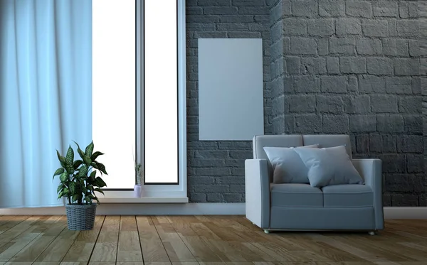 Obývací pokoj s pohovkou má polštáře, lampu s květinami na bílém w — Stock fotografie