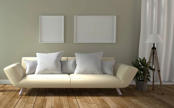 Vardagsrum interiör med soffa och matta, trägolv på tomt — Stockfoto