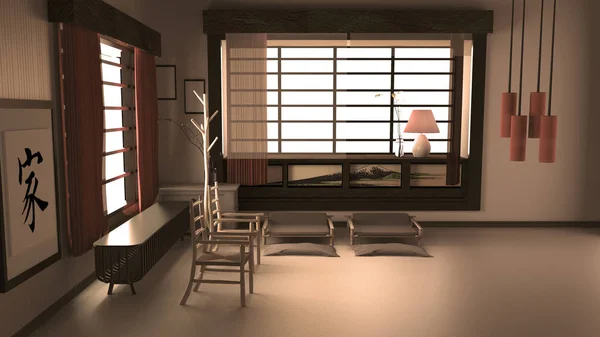 Japán Szobabelső, nappali dizájn. 3D-leképezés — Stock Fotó