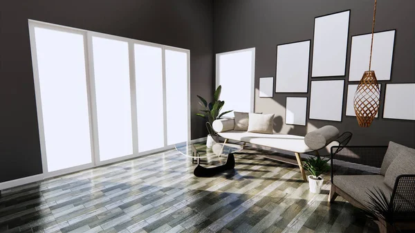 Μοντέρνος εσωτερικός χώρος με καναπέ και πολυθρόνα στο δωμάτιο σκούρο Wall και FL — Φωτογραφία Αρχείου