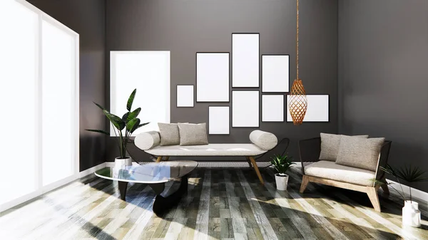 Moderní interiér s pohovkou a židlí na pokoji tmavé zdi a FL — Stock fotografie