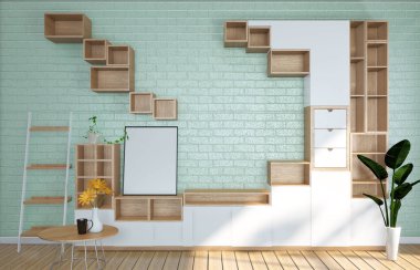 Japon oturma odasında Tv Mockup oda nane mavi duvar. 3d render