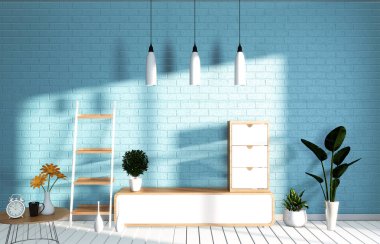 Japon oturma odasında Tv Mockup oda nane mavi duvar. 3d render