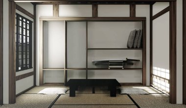Japon oda tarzında tatami paspaslar ve kağıt pencere. 3d renderin