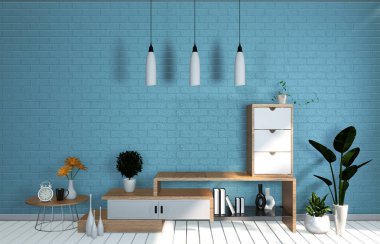 Japon oturma odasında Tv Mockup oda nane mavi duvar. 3d render