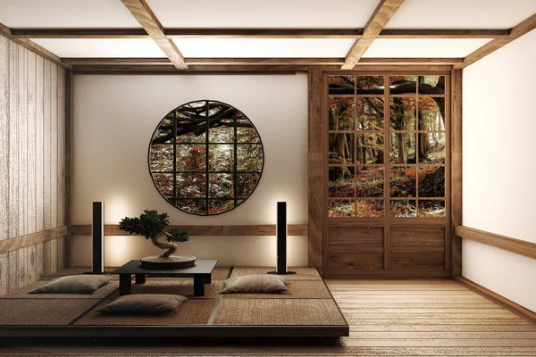 Japanese display Room interior, wooden flooring on light White b