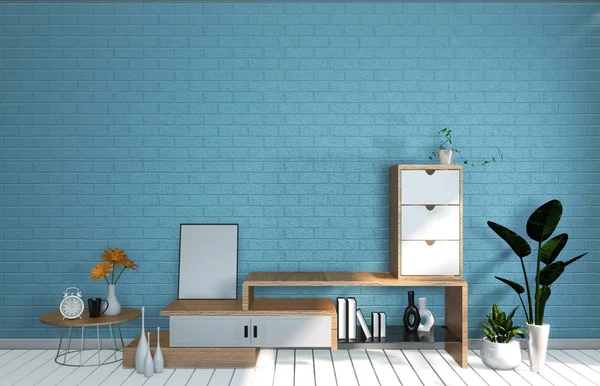 Tv Mockup habitación de menta pared azul en la sala de estar japonesa. 3d renderizar — Foto de Stock