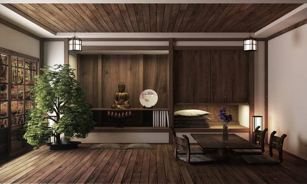 Pokój japoński, styl zen Kioto. Renderowanie 3D — Zdjęcie stockowe