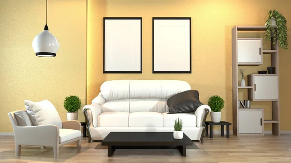 Interior modern zen dengan sofa dan tanaman hijau, lampu, dekorasi j — Stok Foto