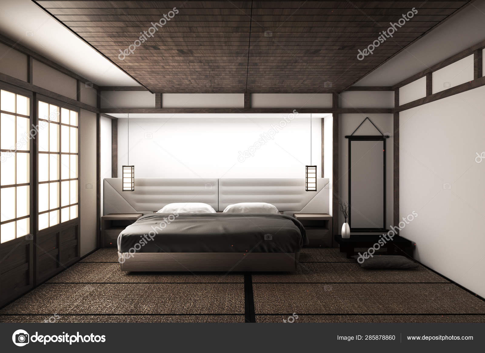 Interior Luxury Modern Japanese Style Bedroom Mock Up