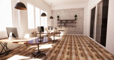 büyük pencereler altında bir satır ile ofis iç. Masif tavan 